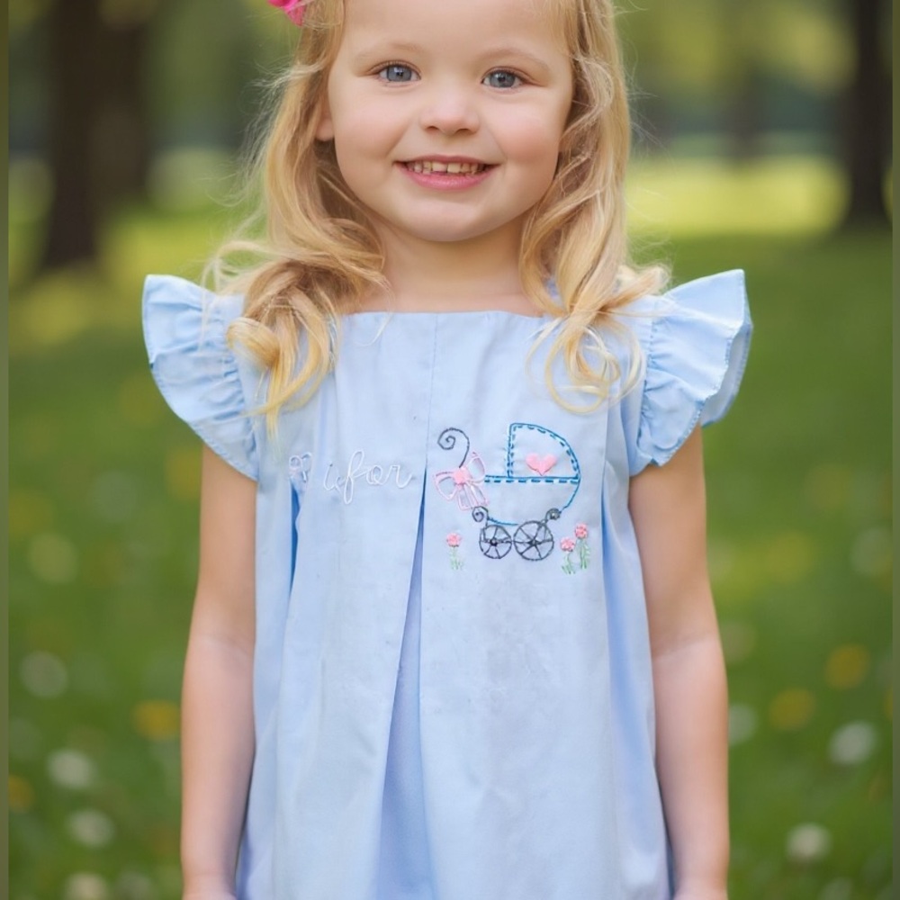 Light Blue Girls' Embroidered Baby Carriage Dress